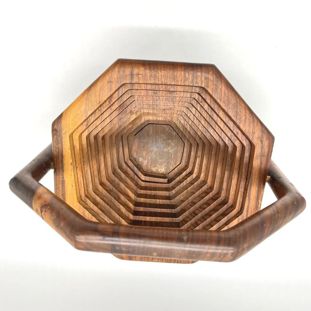 Vintage Wooden Accordion Fruit Basket Hexagonal Foldable Serving‎ Tray Handle